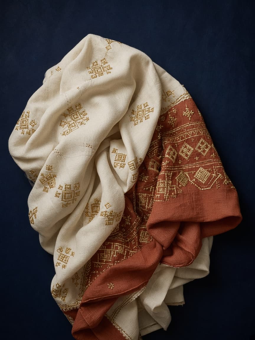 Folded embroidered ivory and terracotta textile — demo visual