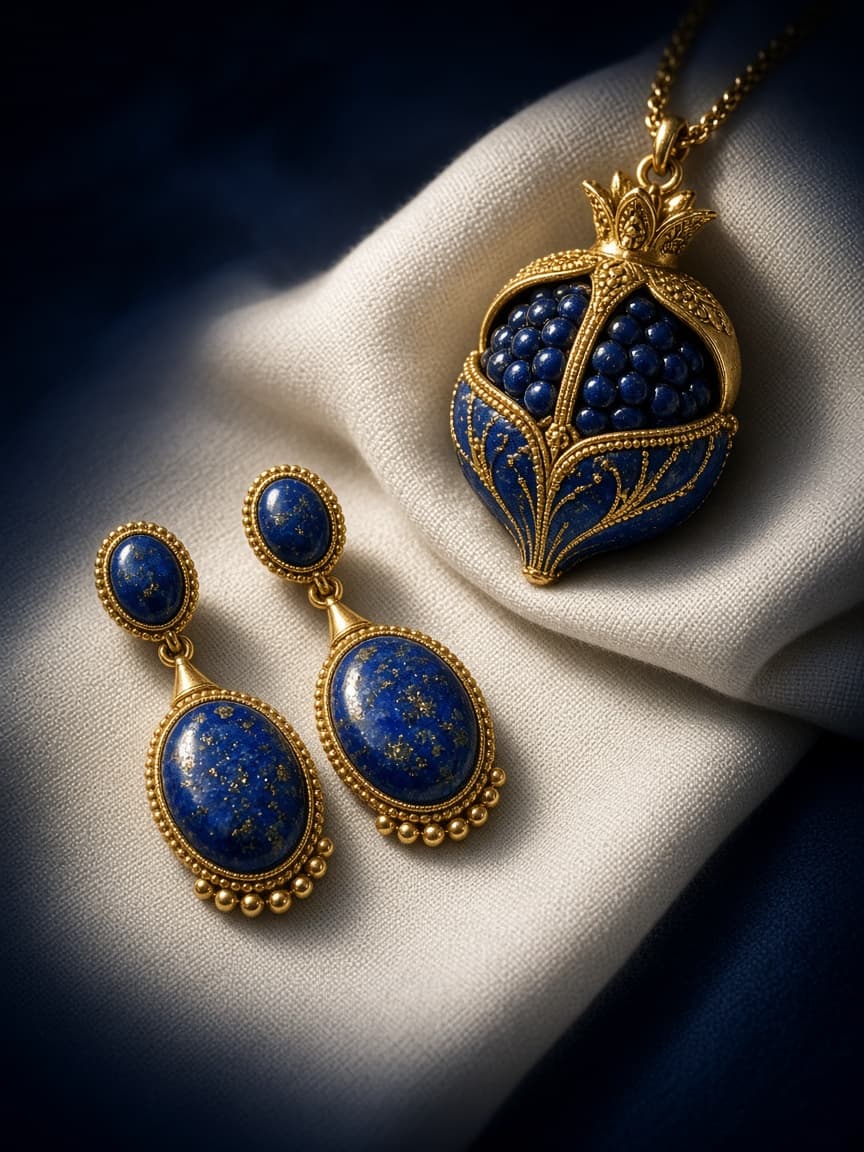 Lapis and gold jewelry still life — demo visual