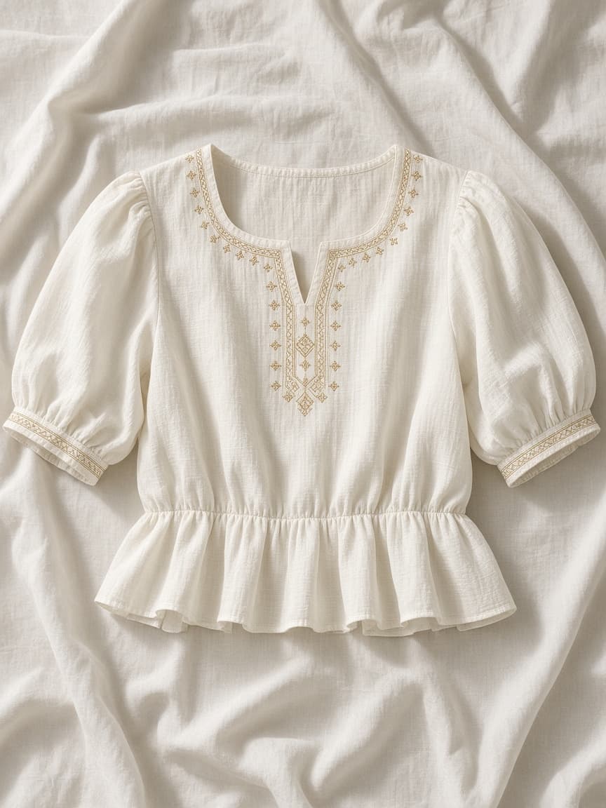 Ivory blouse with gold neckline embroidery — demo product visual