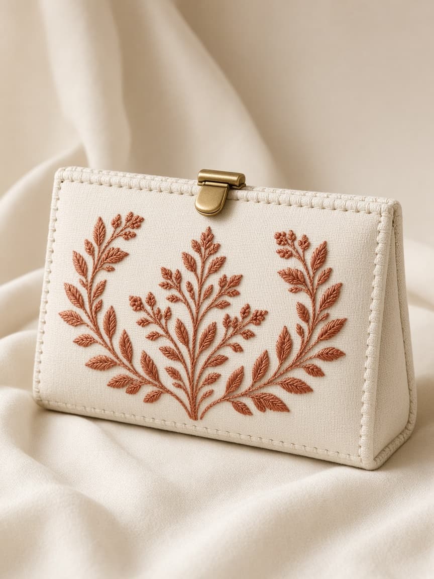 Ivory clutch with terracotta embroidery — demo product visual