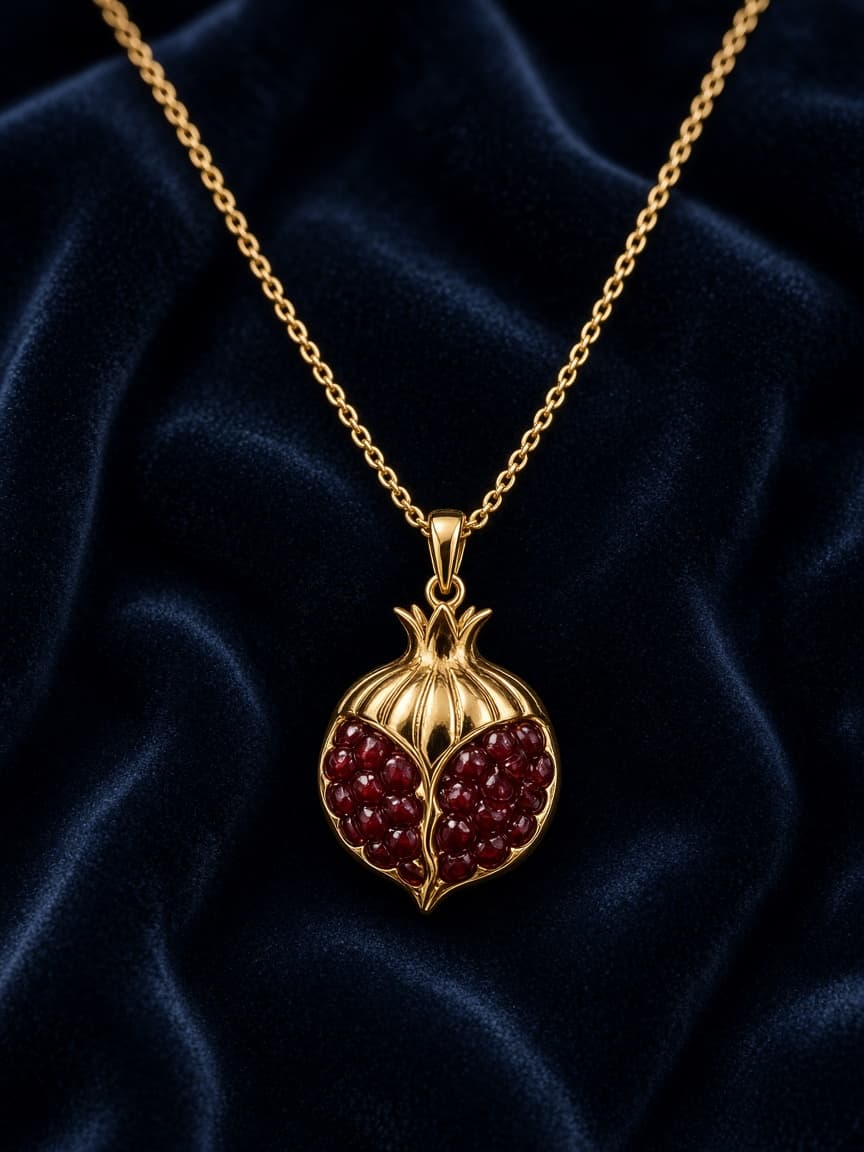Gold pomegranate pendant on navy velvet — demo product visual
