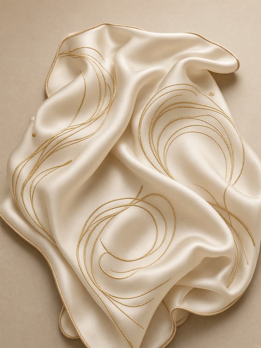 Cream silk scarf with gold line embroidery — demo product visual