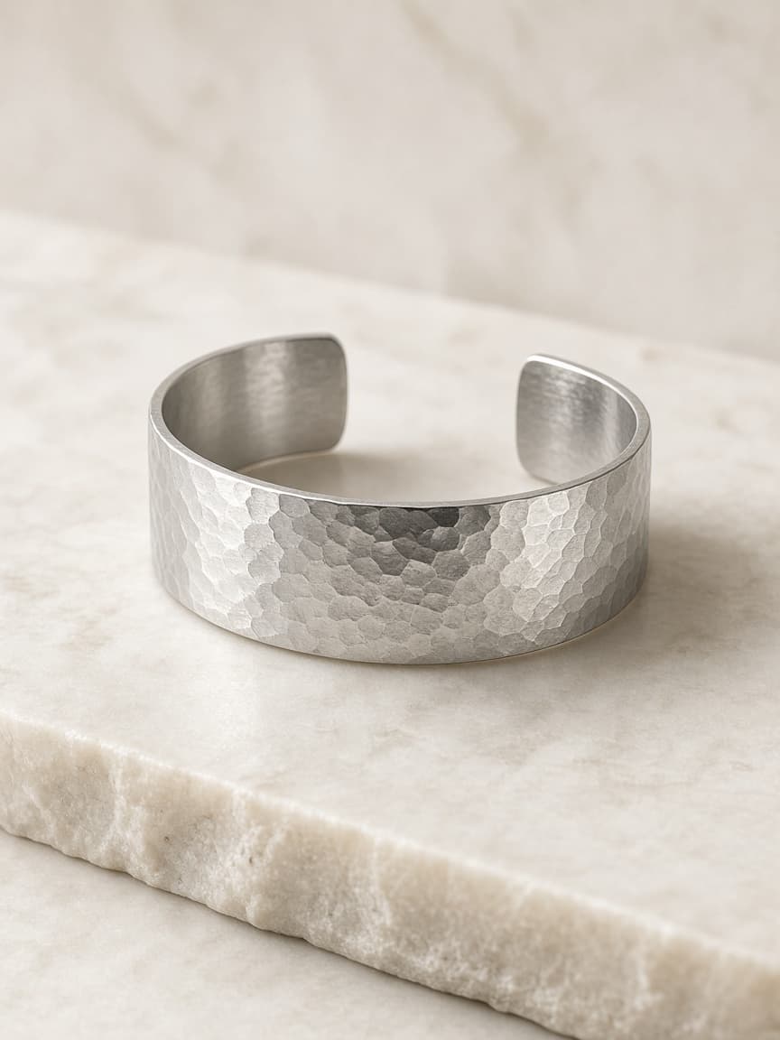 Minimal hammered silver cuff — demo product visual