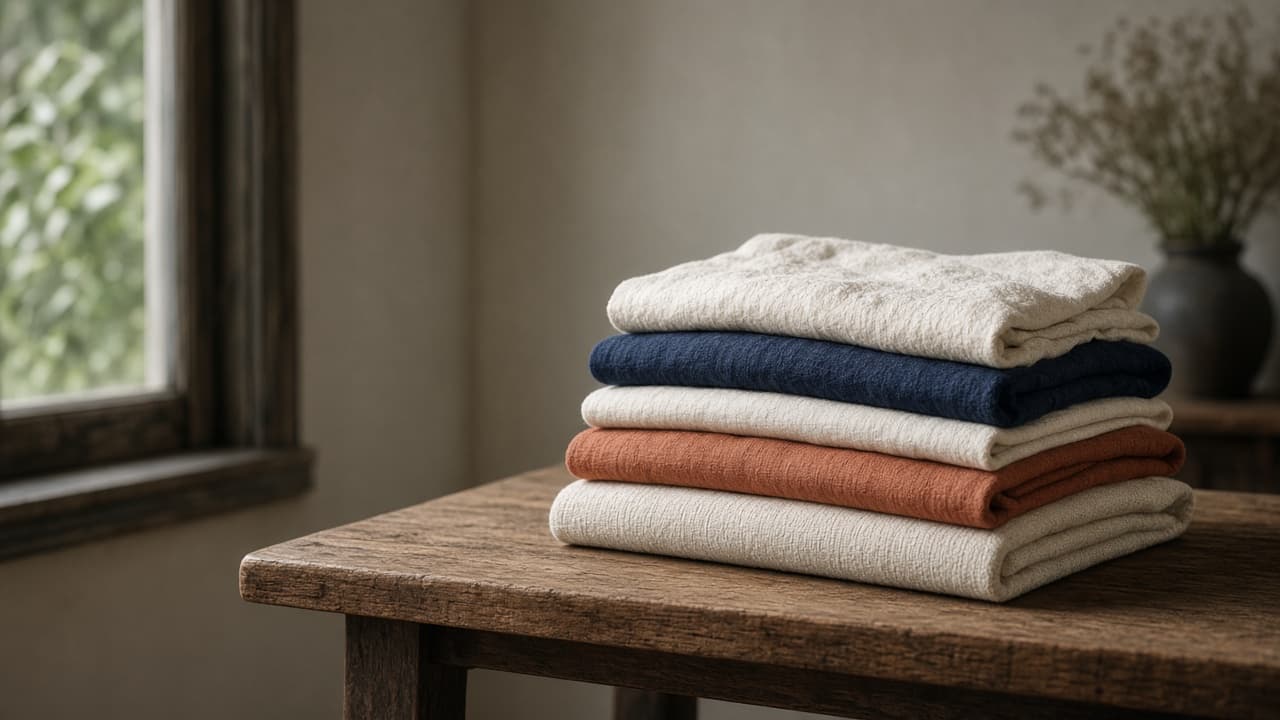 Folded textiles in ivory, terracotta and navy near a window — temporary story visual