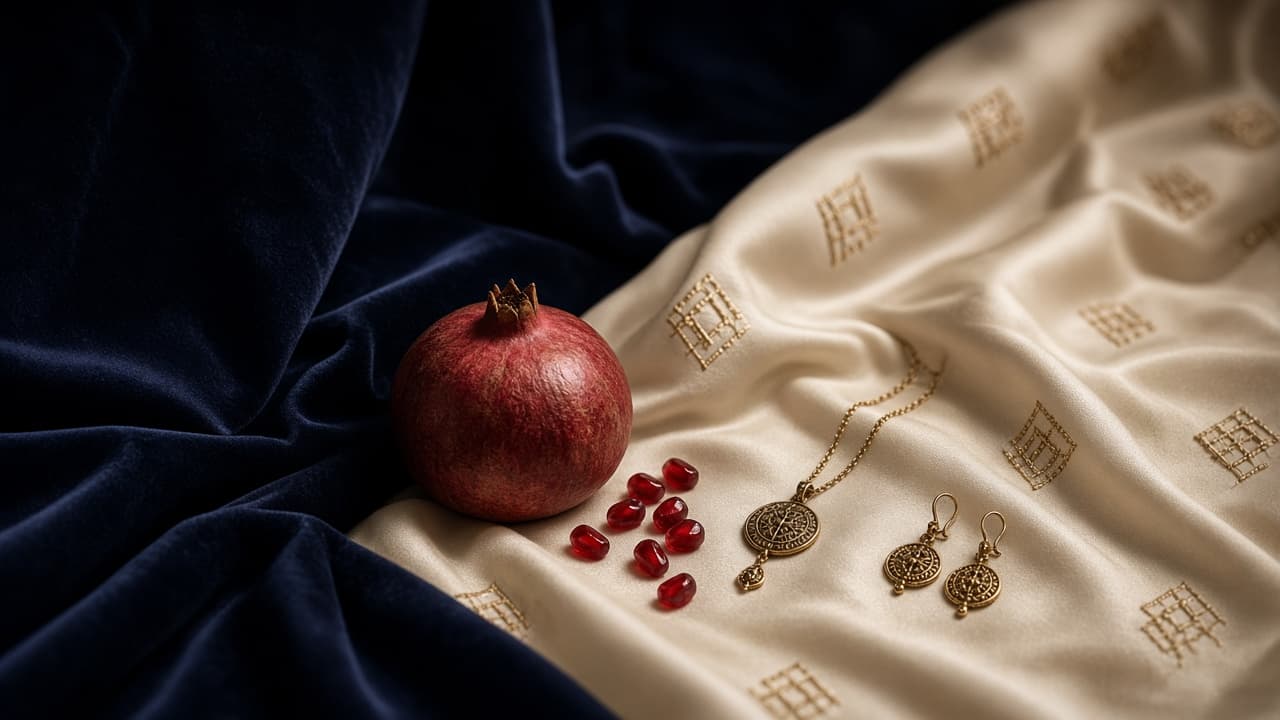 Editorial still life of pomegranate, gold jewelry and embroidered ivory cloth on navy velvet — temporary campaign visual