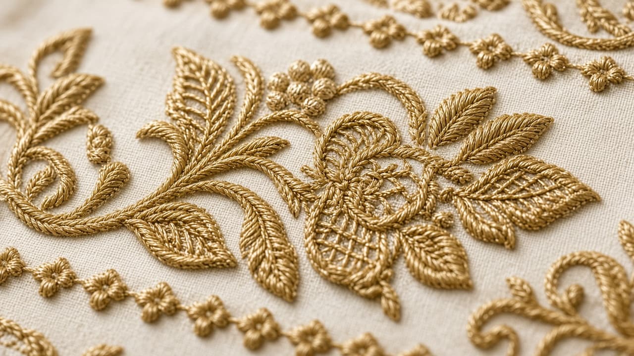 Gold embroidery on ivory cloth — process image for demo maker Laila
