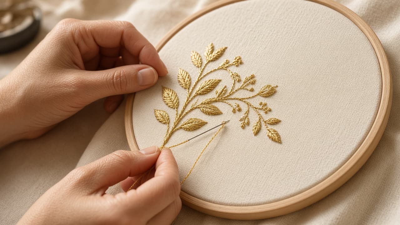 Hands embroidering gold thread — demo editorial visual